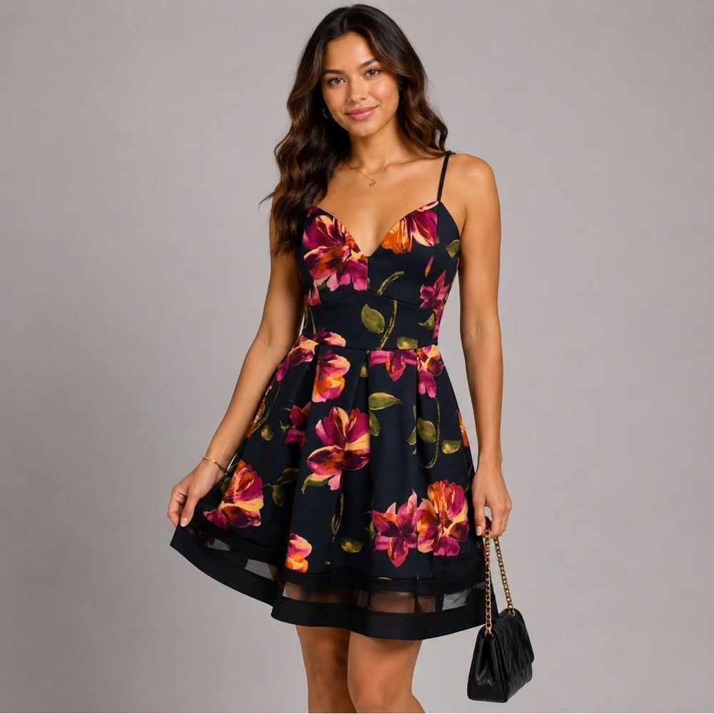 BOOHOO Floral Fit Flare Spaghetti Strap Dress Black Pink Blooms Floral V Neck 8